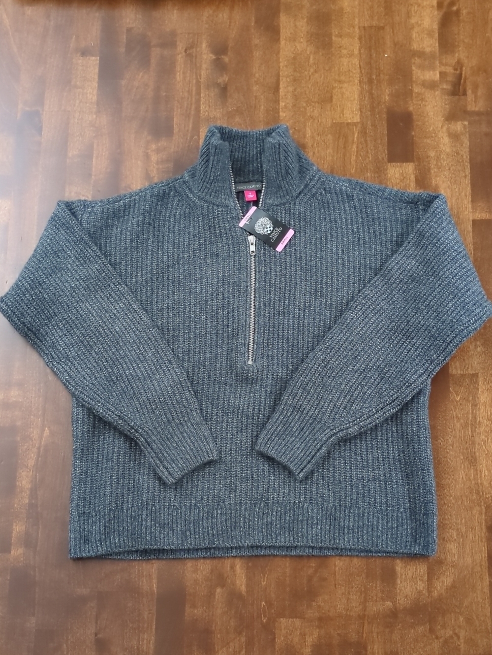 Vince Camuto Gray Ribbed Half-Zip Mock Neck Sweater